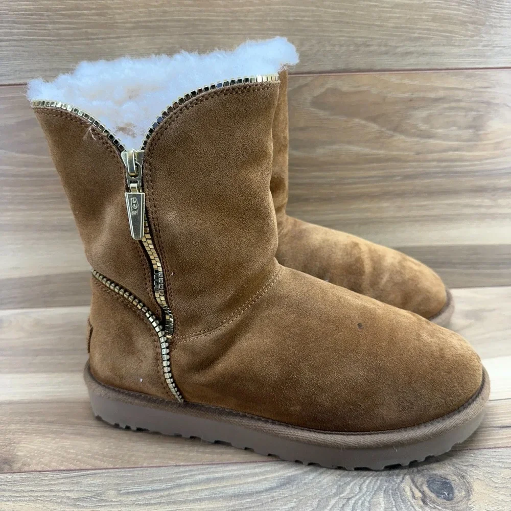 UGG‎ Florence Zip Short Boots Womens 7 Chestnut Suede Shearling Fur Lined